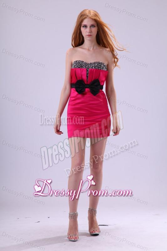 Red Column Sweetheart Mini-length Taffeta Beading and Bowknot Red Prom Dress