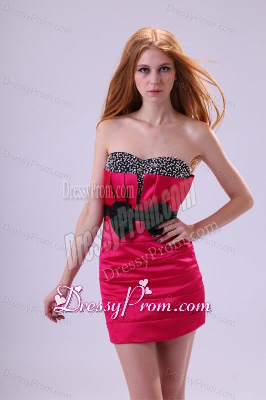 Red Column Sweetheart Mini-length Taffeta Beading and Bowknot Red Prom Dress
