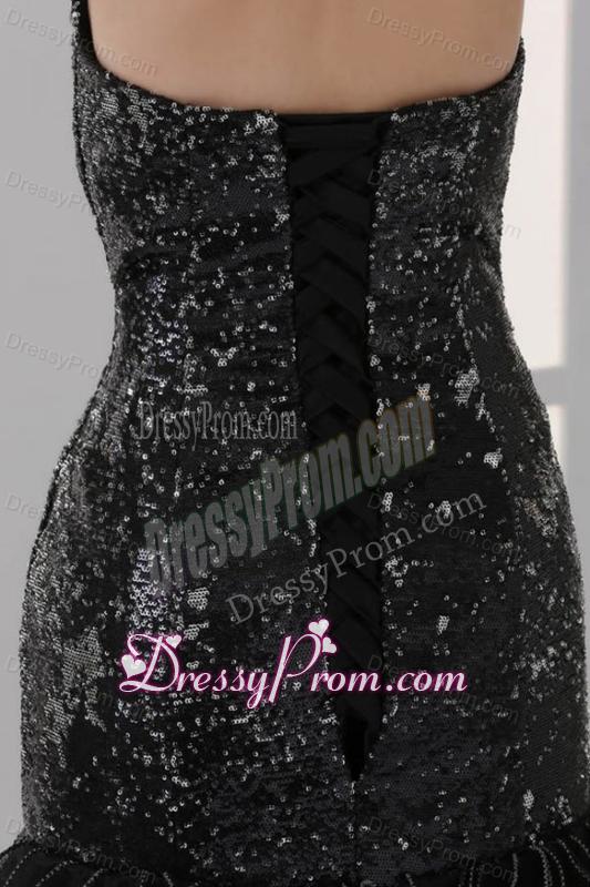 Sweetheart Black Mermaid Sequins Ruffles Prom Dress with Beading