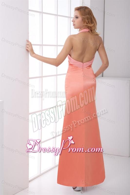 Taffeta Column Halter Backless Floor-length Ruching Watermelon Prom Dress