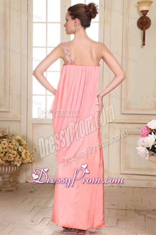 Watermelon Red Column One Shoulder Prom Dress with Beading
