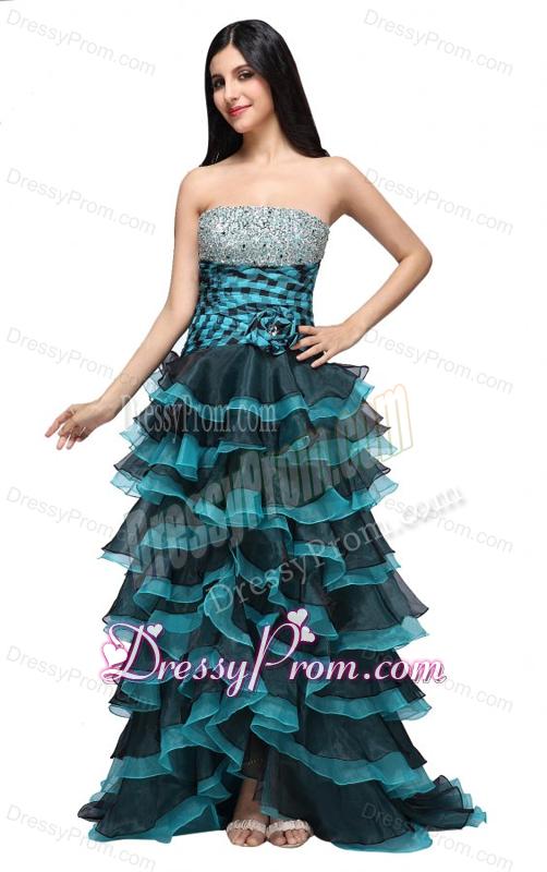 A-line Strapless Black and Blue Ruffled Layers Organza Beading Prom Dress