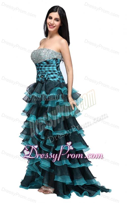 A-line Strapless Black and Blue Ruffled Layers Organza Beading Prom Dress