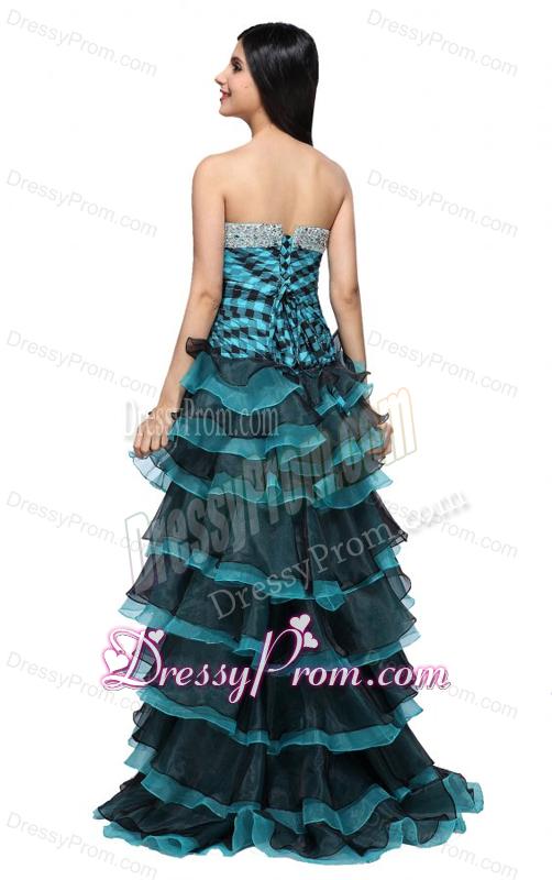A-line Strapless Black and Blue Ruffled Layers Organza Beading Prom Dress