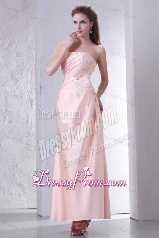 Baby Pink Strapless Column Ankle-length Prom Dress with Appliques