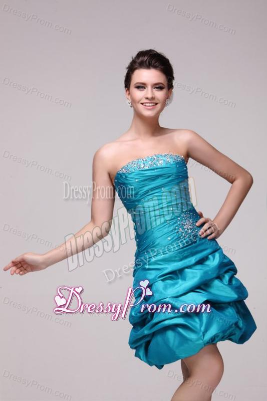 Blue A-line Strapless Knee-length Beading Taffeta Prom Dress with Lace Up