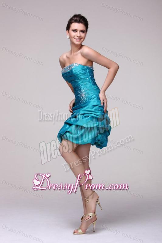 Blue A-line Strapless Knee-length Beading Taffeta Prom Dress with Lace Up