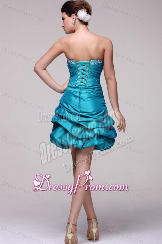 Blue A-line Strapless Knee-length Beading Taffeta Prom Dress with Lace Up