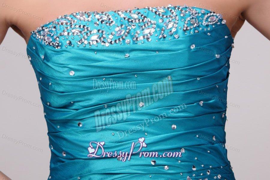Blue A-line Strapless Knee-length Beading Taffeta Prom Dress with Lace Up