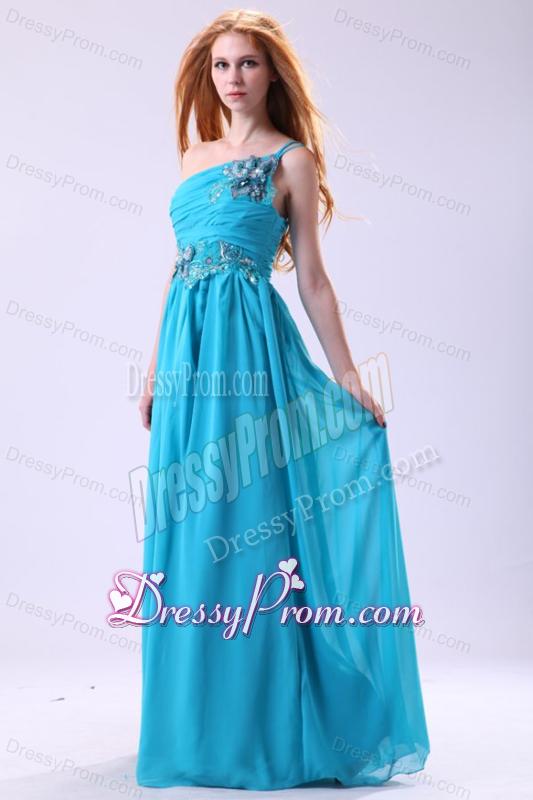 Blue Empire Appliques One Shoulder Beading Chiffon 2014 Prom Dress