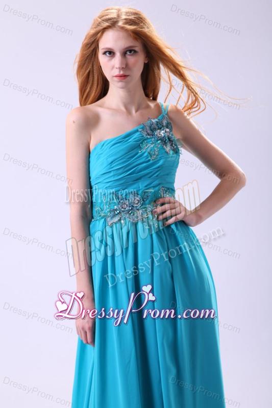 Blue Empire Appliques One Shoulder Beading Chiffon 2014 Prom Dress