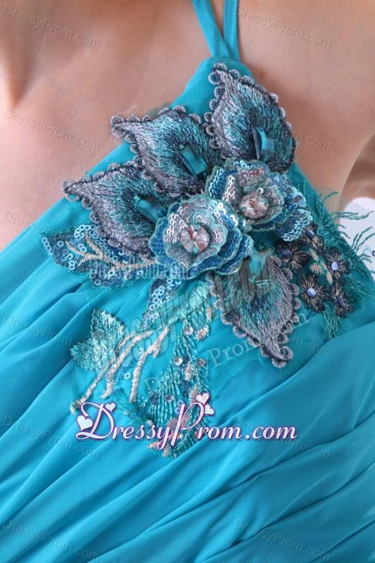 Blue Empire Appliques One Shoulder Beading Chiffon 2014 Prom Dress
