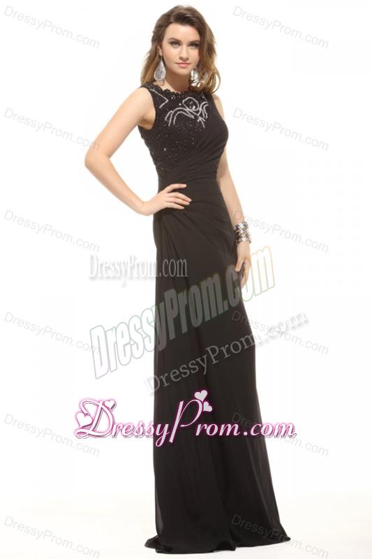 Column Black Bateau Lace Beading and Ruching Prom Dress