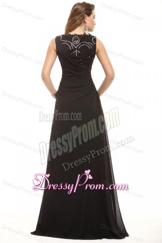 Column Black Bateau Lace Beading and Ruching Prom Dress
