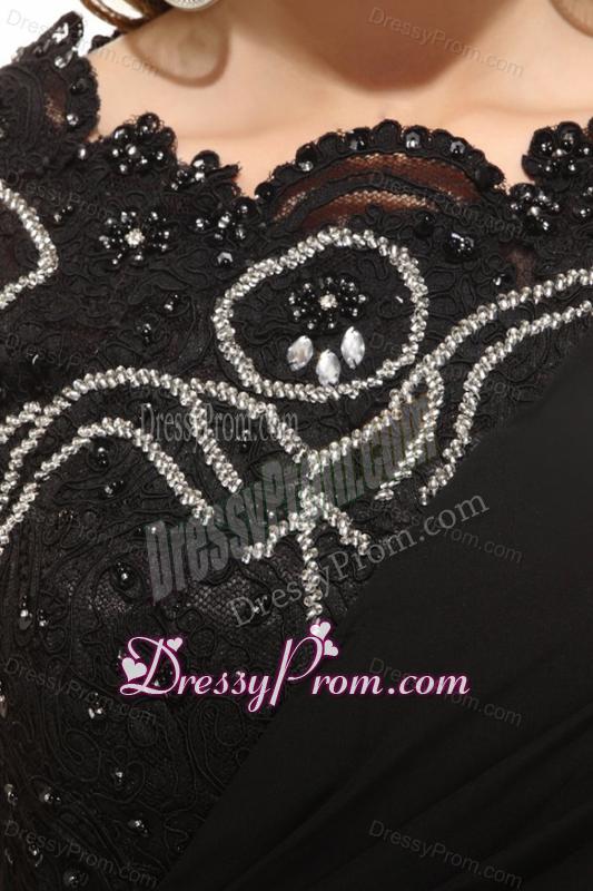 Column Black Bateau Lace Beading and Ruching Prom Dress