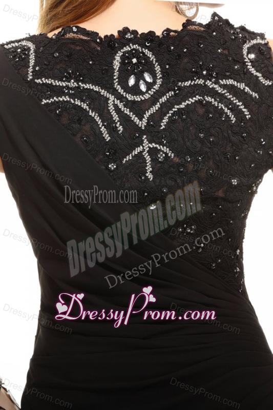 Column Black Bateau Lace Beading and Ruching Prom Dress