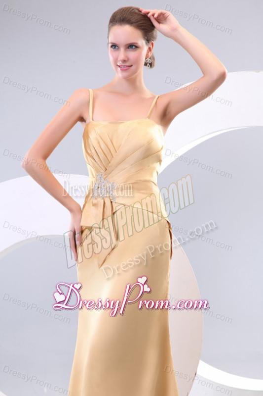 Column Champagne Spaghetti Straps Ruching Appliques Satin Long Prom Dress