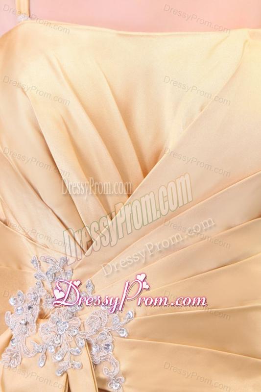 Column Champagne Spaghetti Straps Ruching Appliques Satin Long Prom Dress