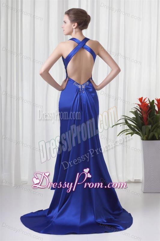 Column Halter Watteau Train Royal Blue Beading Prom Dress with Criss Cross