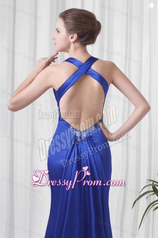 Column Halter Watteau Train Royal Blue Beading Prom Dress with Criss Cross