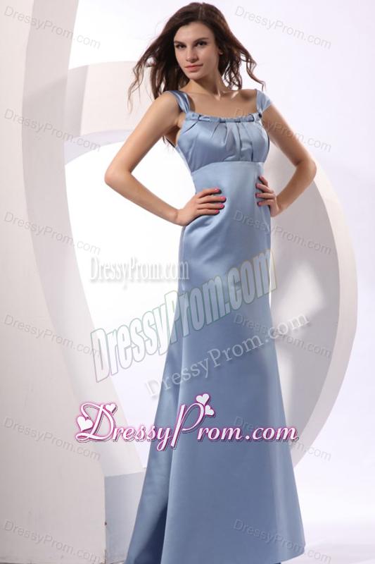 Column Light Blue Cap Sleeveless Ruching Prom Dress with Brush Train