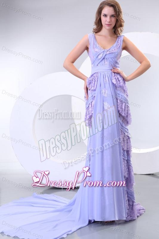Column V-neck Chiffon Lace Watteau Train Prom Dress for 2014 Spring