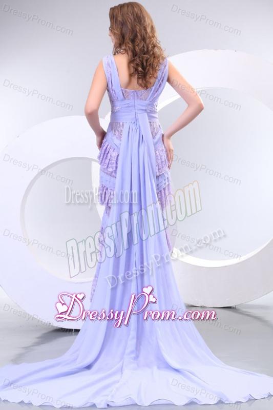 Column V-neck Chiffon Lace Watteau Train Prom Dress for 2014 Spring