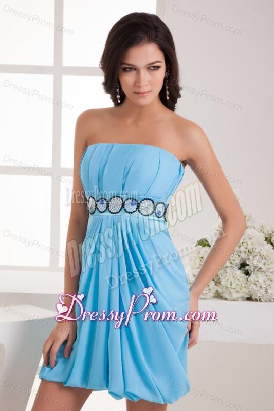 Empire Strapless Blue Chiffon Mini-length Prom Dress