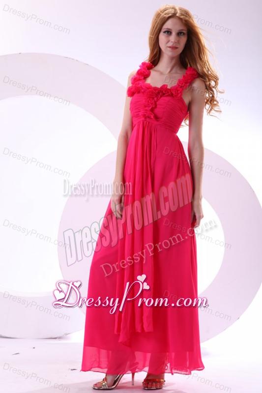 Hot Pink Empire Straps Ankle-length Ruching Chiffon Prom Dress