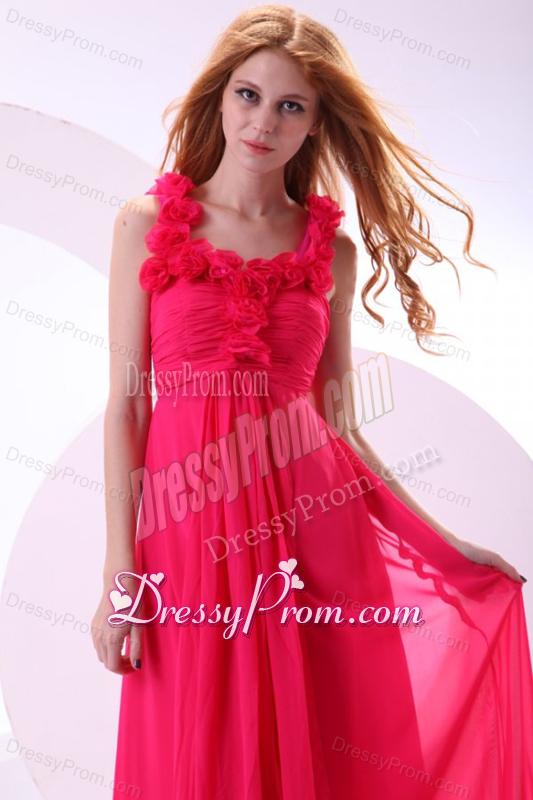 Hot Pink Empire Straps Ankle-length Ruching Chiffon Prom Dress