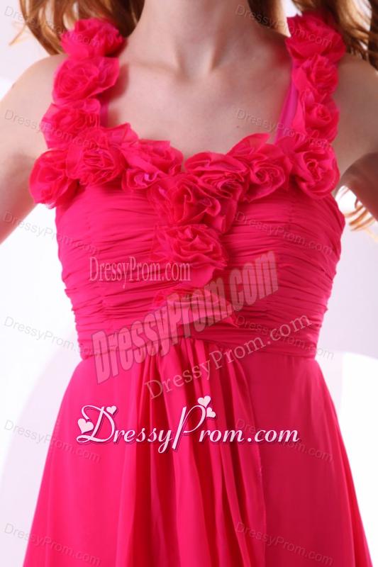Hot Pink Empire Straps Ankle-length Ruching Chiffon Prom Dress