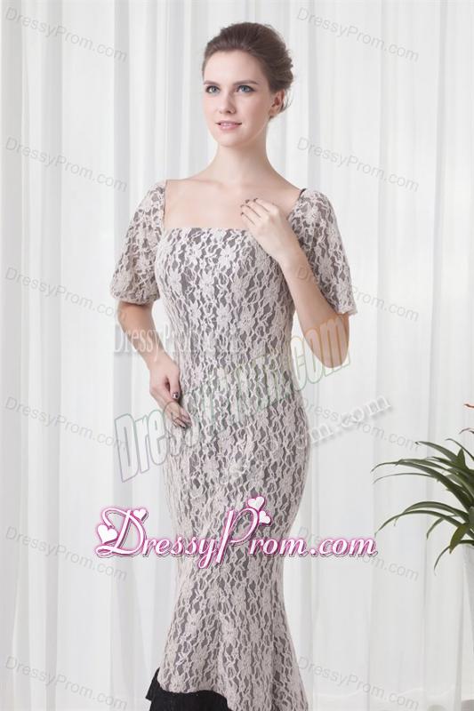 Mermaid Square Champagne Lace Floor-length Prom Dress with Short Sleeves