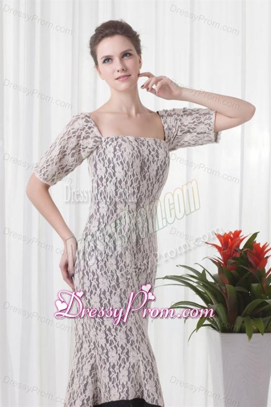 Mermaid Square Champagne Lace Floor-length Prom Dress with Short Sleeves