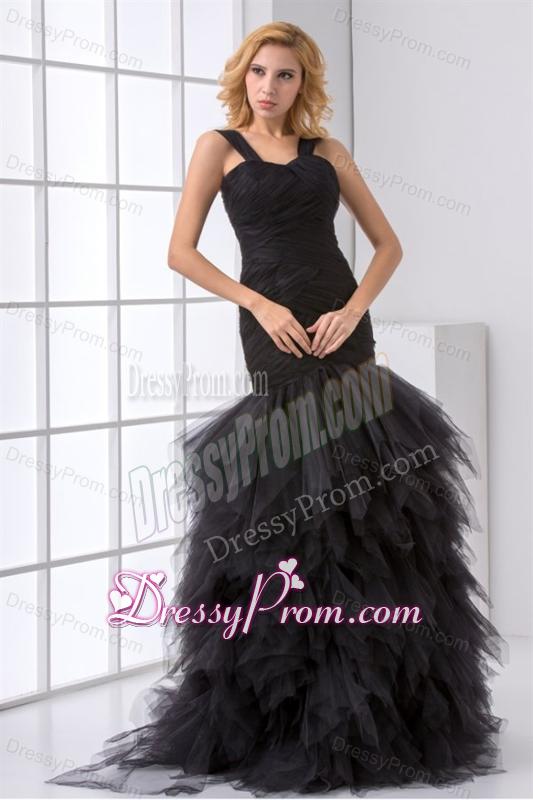 Mermaid Straps Organza Ruffles and Ruching Black Prom Dress