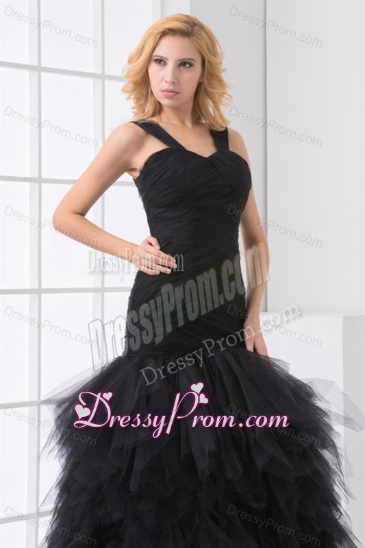 Mermaid Straps Organza Ruffles and Ruching Black Prom Dress