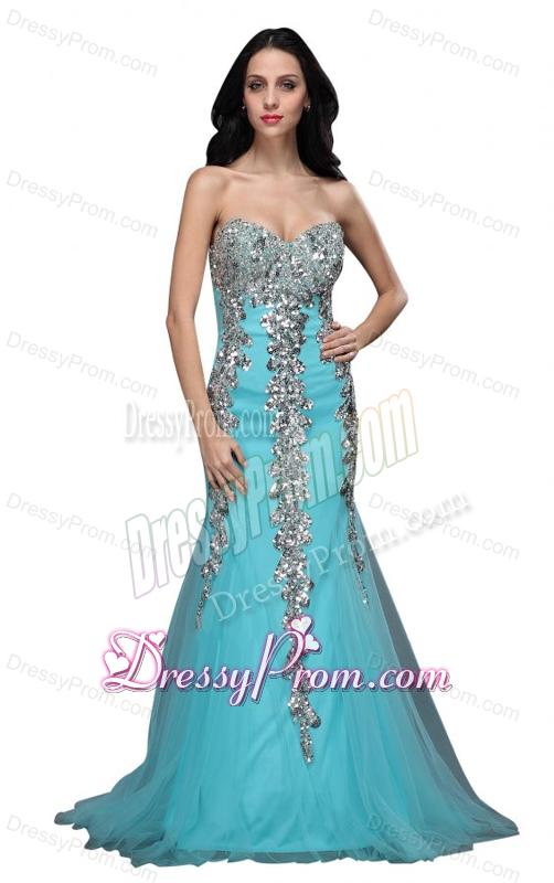 Mermaid Sweetheart Appliques Light Blue Brush Train Prom Dress