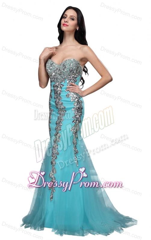 Mermaid Sweetheart Appliques Light Blue Brush Train Prom Dress