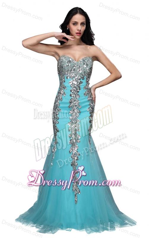 Mermaid Sweetheart Appliques Light Blue Brush Train Prom Dress