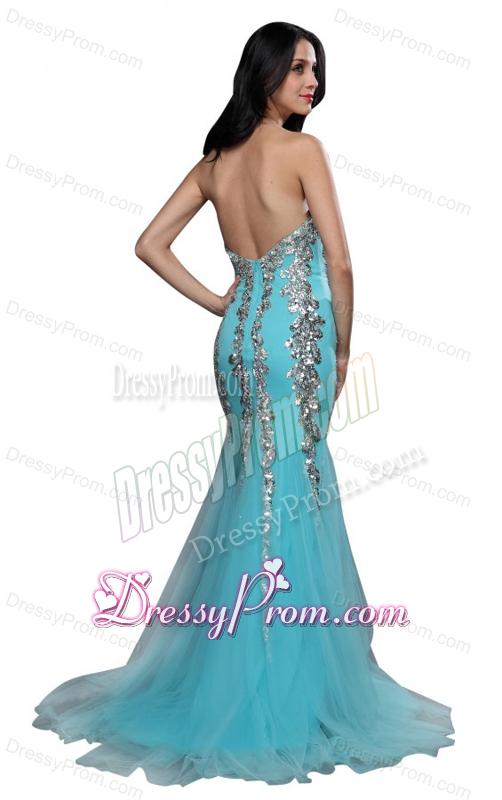 Mermaid Sweetheart Appliques Light Blue Brush Train Prom Dress