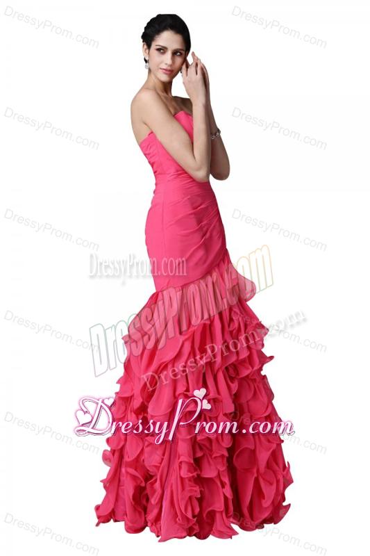 Mermaid Sweetheart Beading Ruffles Coral Red Prom Dress
