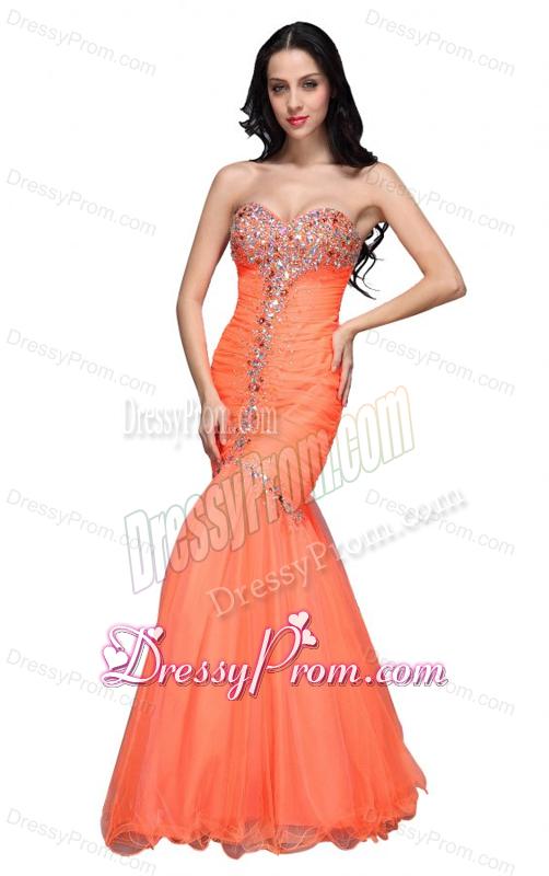 Mermaid Sweetheart Orange Beading Ruching Organza Prom Dress