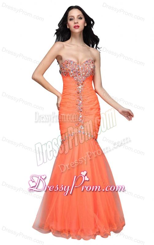 Mermaid Sweetheart Orange Beading Ruching Organza Prom Dress