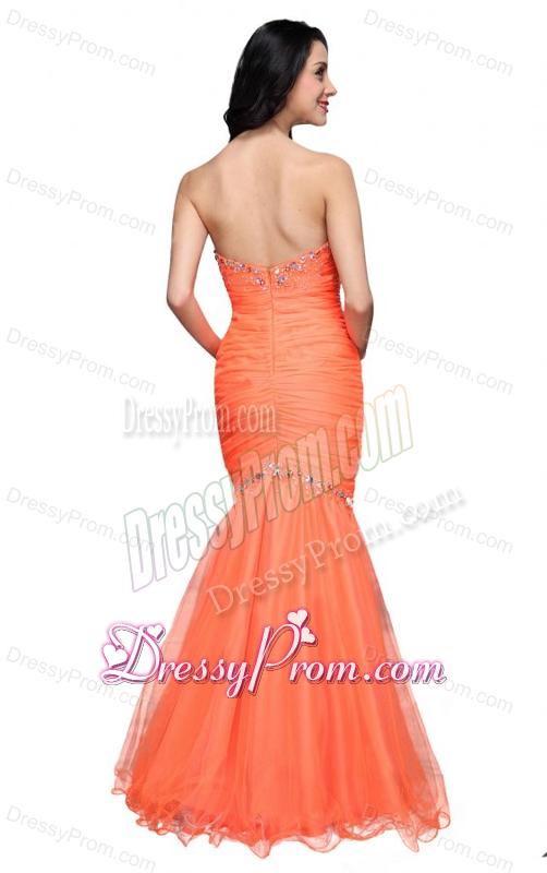 Mermaid Sweetheart Orange Beading Ruching Organza Prom Dress