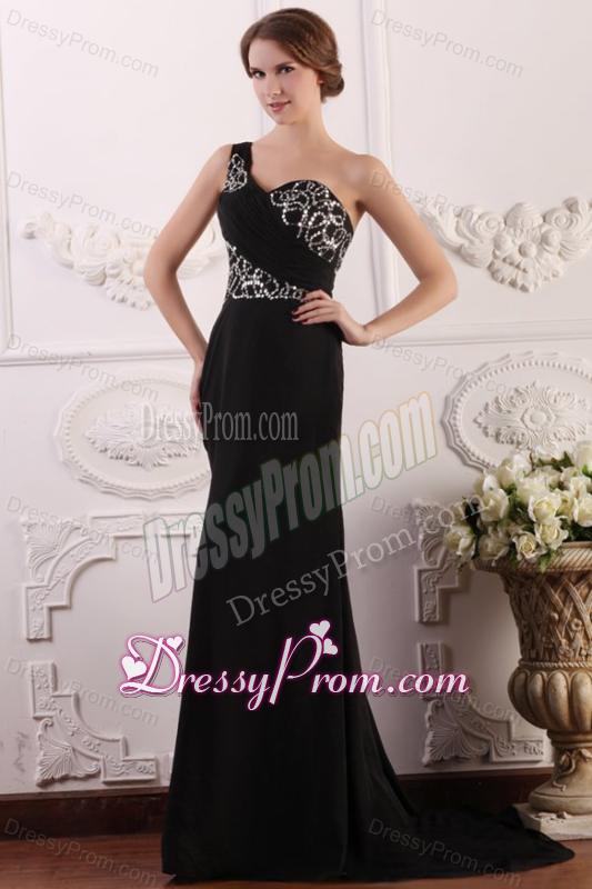 One Shoulder Column Chiffon Black Sweep Train Beading Prom Dress
