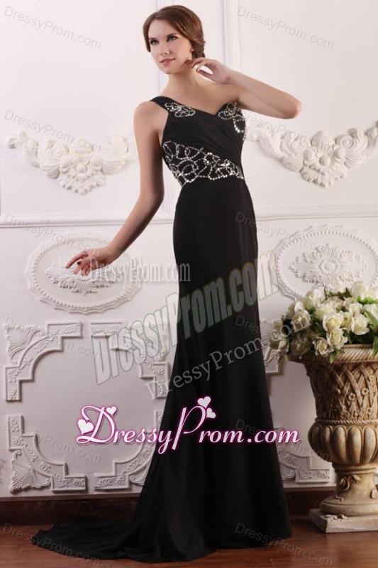 One Shoulder Column Chiffon Black Sweep Train Beading Prom Dress