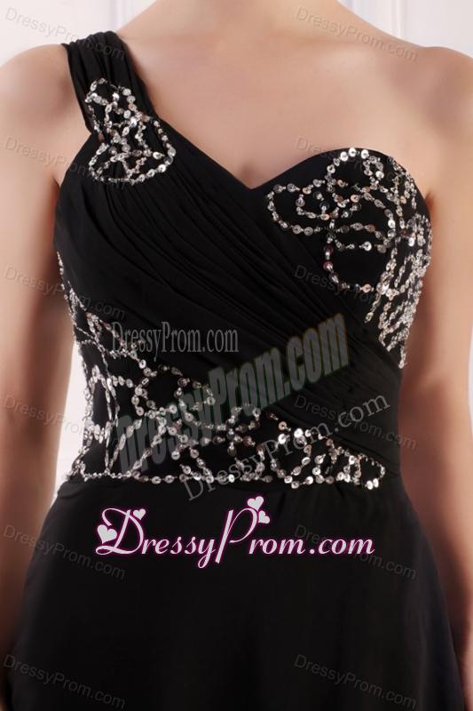 One Shoulder Column Chiffon Black Sweep Train Beading Prom Dress
