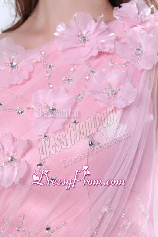 One Shoulder Column Flower and Beading Prom Dress in Baby Pink