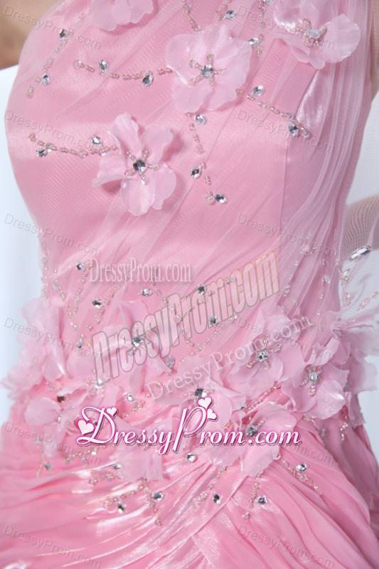 One Shoulder Column Flower and Beading Prom Dress in Baby Pink