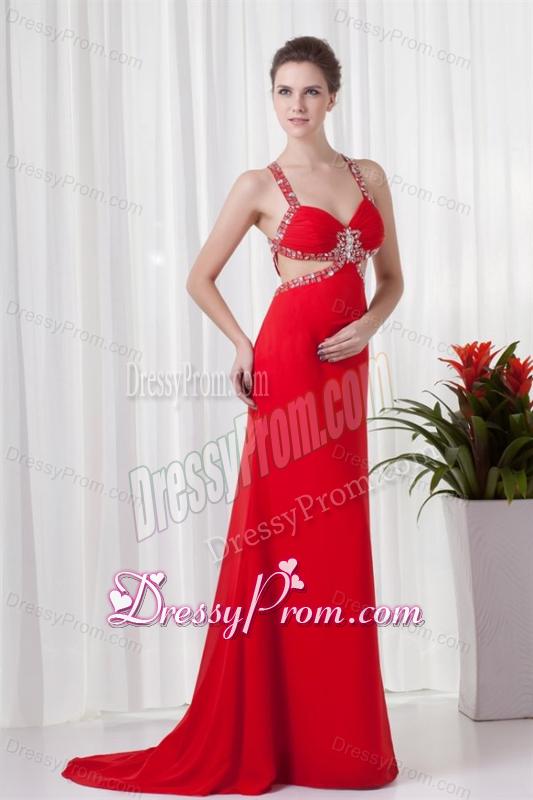 Red Column Straps Brush Train Chiffon Beading Criss Cross Prom Dress