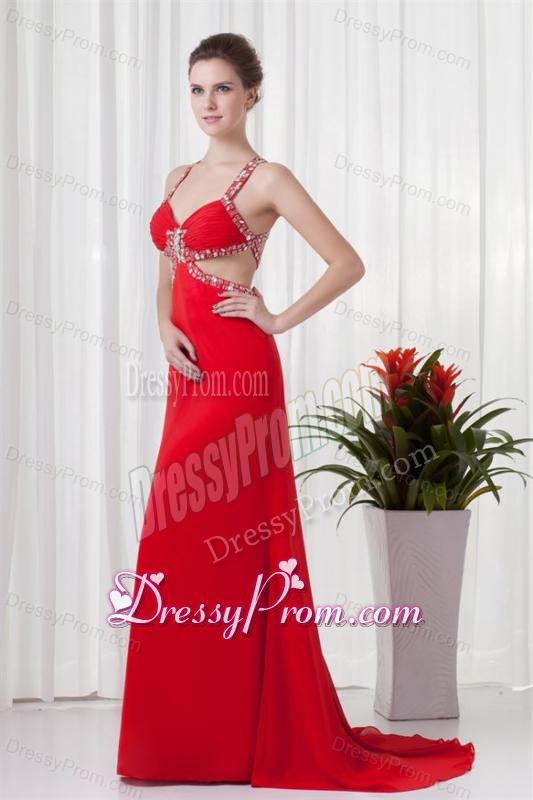 Red Column Straps Brush Train Chiffon Beading Criss Cross Prom Dress